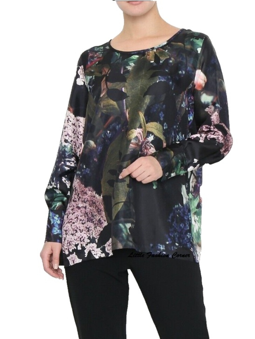 Marina Rinaldi Floral Print Long-Sleeve Blouse in Black and Pink